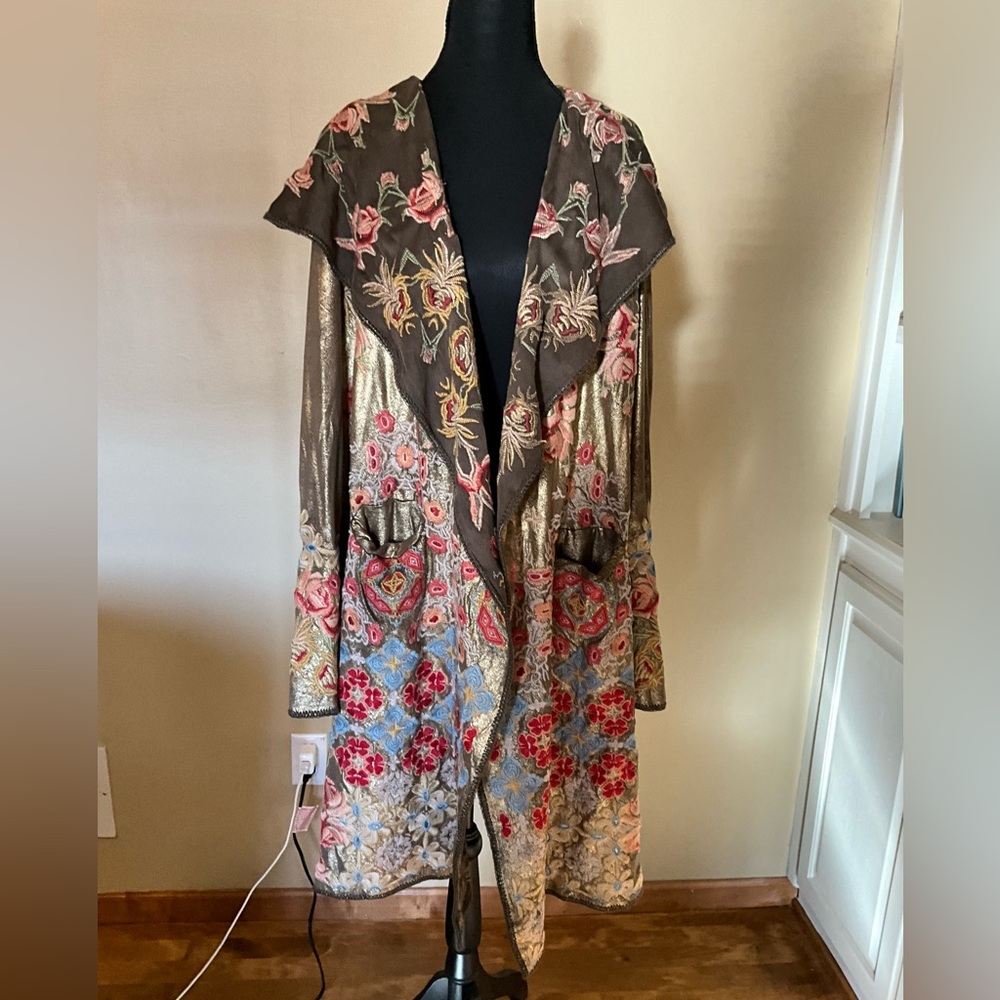Johnny Was Shimmering Gold Duster with Red and Blue Floral Embroidery